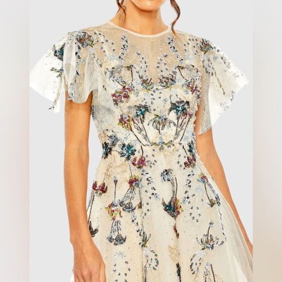 MAC DUGGAL Nude Flutter Sleeve High Neck Embellished Floral Dress / size 14 - Picture 3 of 7